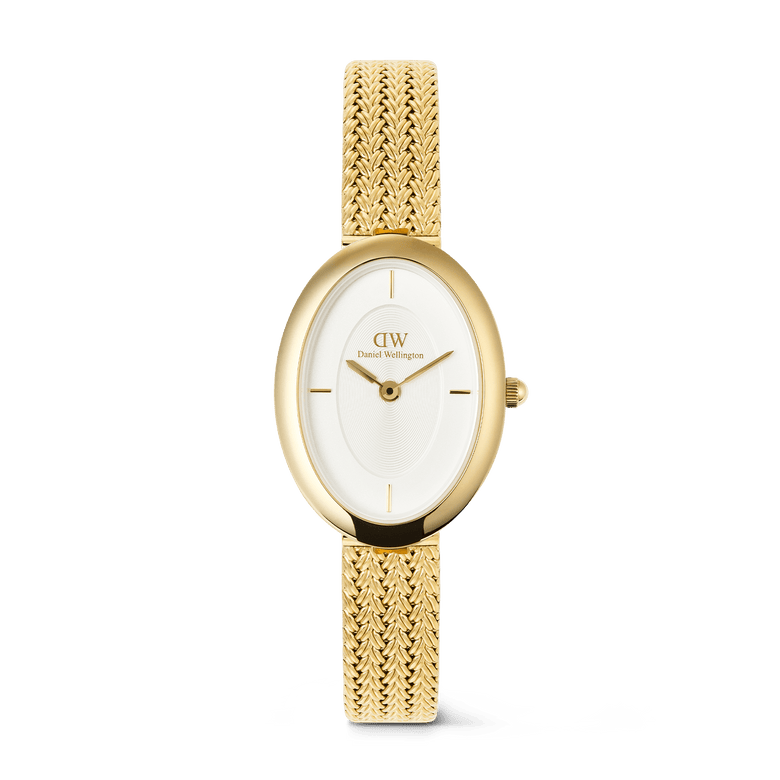 Juliette Braided Mesh White Sunray Gold ladies watch featuring a petite oval gold case, minimalist white sunray dial, and vintage-inspired braided mesh gold strap.