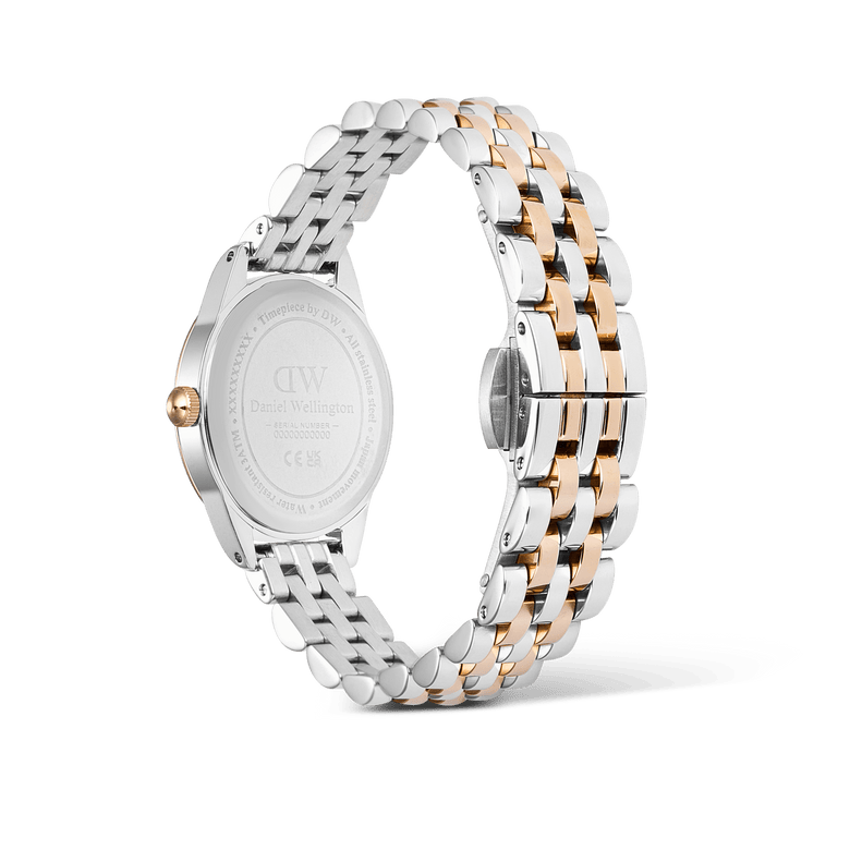 Rear view of the Daniel Wellington Ophelia Mini Two Tone Rose Gold watch, showing the engraved stainless steel case back and the adjustable five-link bracelet in polished rose gold and silver.