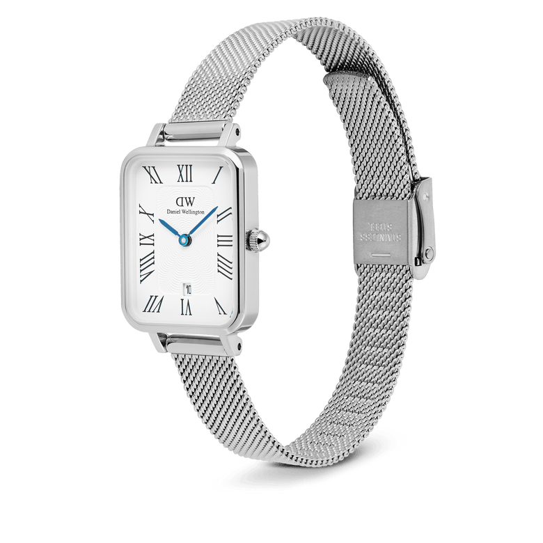Quadro Sterling Roman Numerals Date ladies watch featuring a rectangular stainless steel case, white dial with Roman numerals, blue hands, date window at 6 o’clock, and an adjustable silver mesh strap.