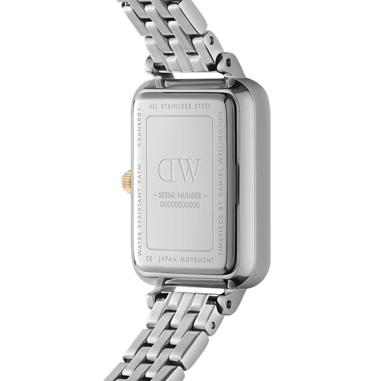 Quadro Lumine Bezel 5-Link Two-Tone MOP ladies watch showing the stainless steel case back, engraved details, and the five-link bracelet with polished silver and gold accents.