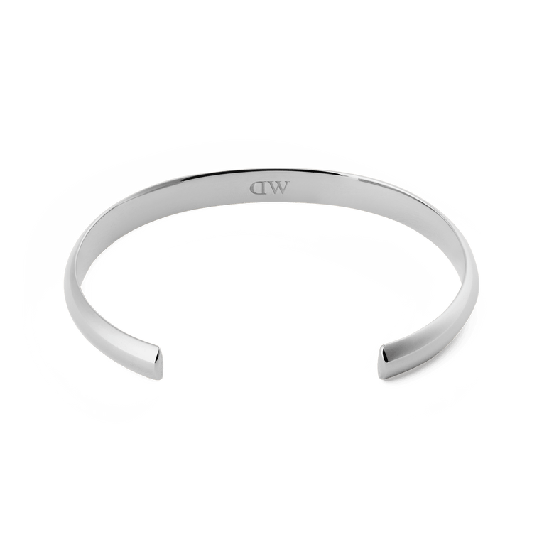 Arch Cuff Silver 4mm bracelet in polished stainless steel, featuring a clean, minimalist design with a discreet logo on the inside and an open-ended adjustable fit.