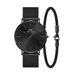 Classic and Tide Mesh Ashfield Set featuring a black mesh strap watch with a minimalist black dial, paired with a matching black mesh bracelet for a coordinated, modern look.