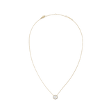 Gold necklace with a fine adjustable chain featuring a round mother of pearl pendant, surrounded by a halo of white cubic zirconia crystals.
