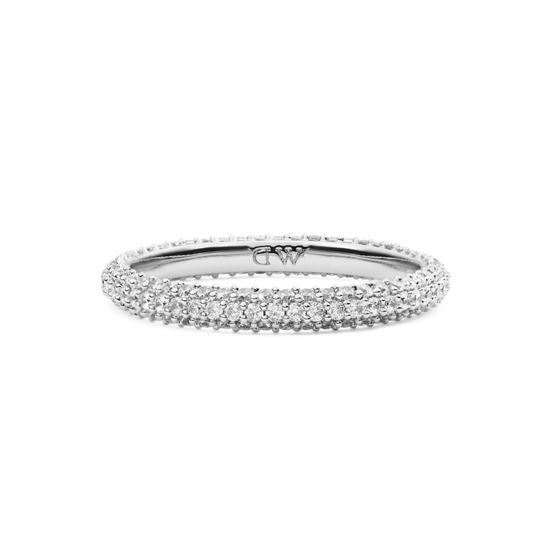 Pavé Ring Silver 3 mm crafted from rhodium plated brass, featuring a slim band with three rows of sparkling white cubic zirconia crystals in a pavé setting for a modern, elegant look.