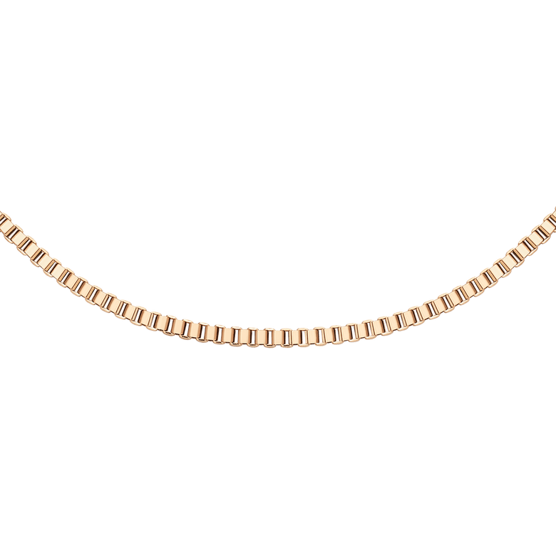 Box Chain Necklace RG featuring a slim, minimalist box chain design in rose gold, crafted from stainless steel with PVD plating for a refined and versatile look.