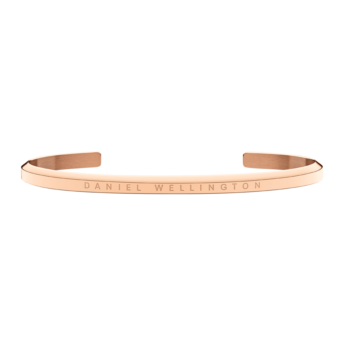 Classic Bracelet Rose Gold by Daniel Wellington, featuring a slim, adjustable open cuff in PVD plated rose gold with minimalist engraved branding, suitable for both men and women.