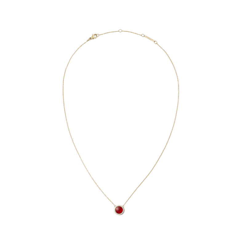 Gold necklace with a fine adjustable chain, featuring a domed red agate pendant surrounded by a halo of white cubic zirconia crystals. The elegant design highlights the vibrant red stone and polished gold finish.