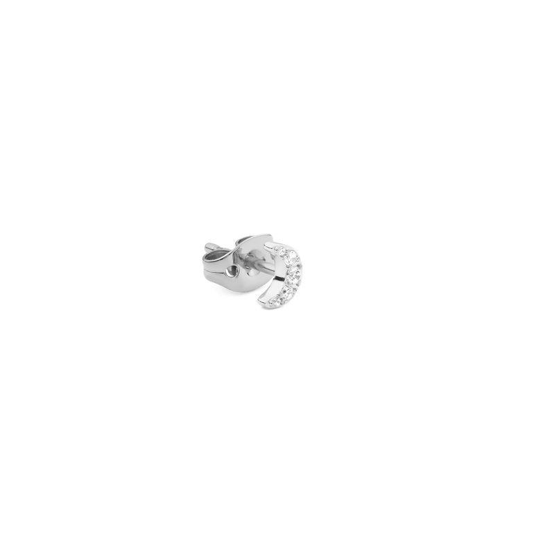 Crystal Moon Stud Silver earring featuring a petite crescent shape with sparkling cubic zirconia crystals and a polished silver finish, shown with its secure backing.