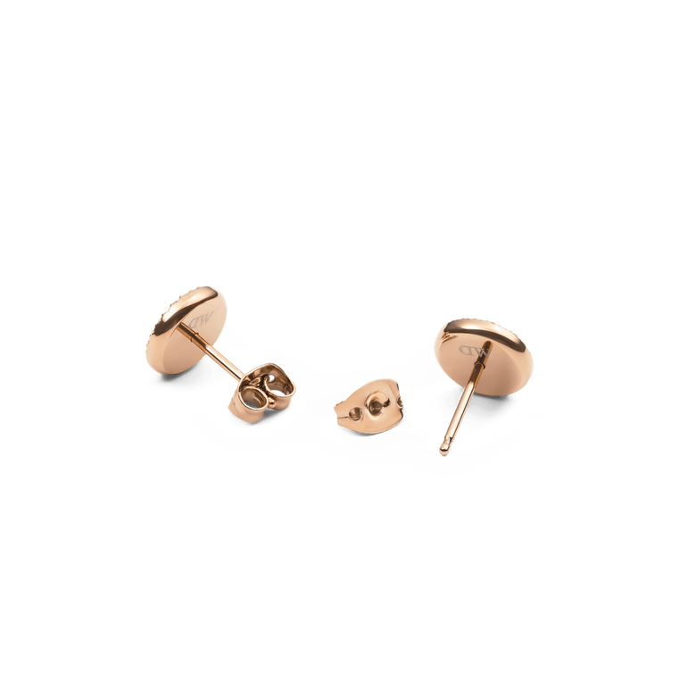 The backs of the Audrey Earrings Tiger Eye Rose Gold show the polished rose gold finish and secure butterfly clasps, highlighting the quality craftsmanship and comfortable stud design.