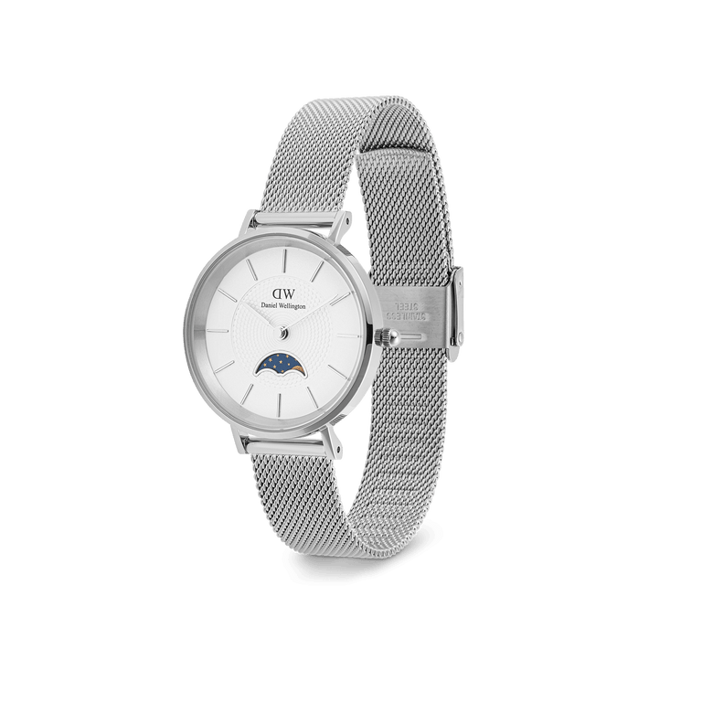 Petite Lune Sterling ladies watch with a silver stainless steel mesh strap, minimalist white dial, and moon phase sub-dial, shown at an angle to highlight its adjustable clasp and slim, elegant design.