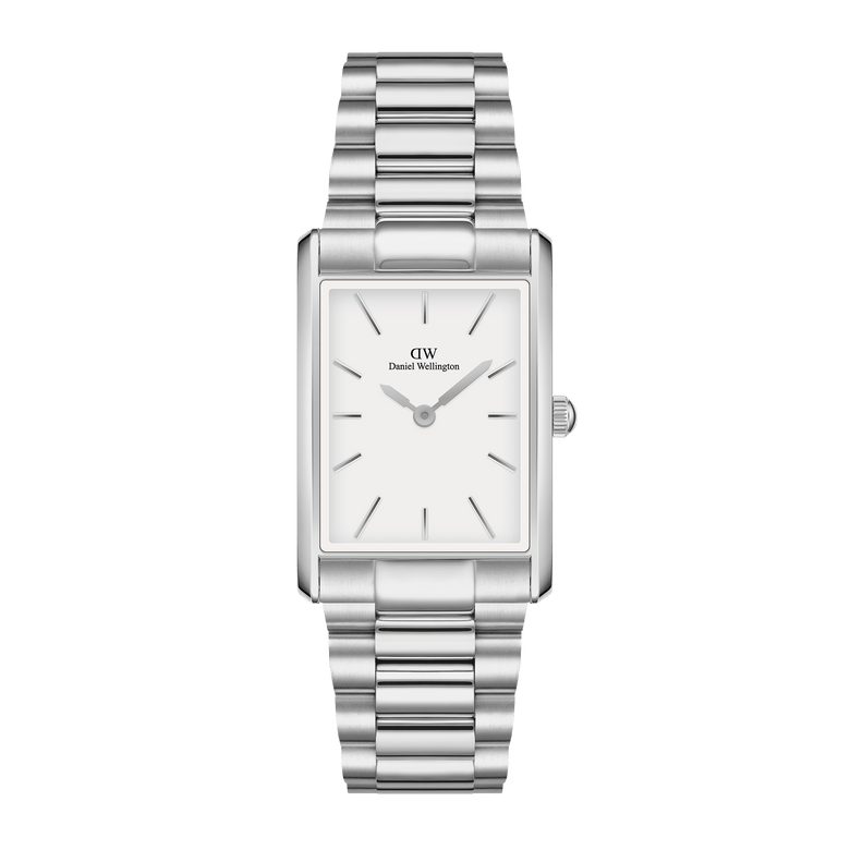 Bound 3-Link Silver features a rectangular stainless steel case, a minimalist white dial, and a polished three-link silver bracelet, offering a versatile and modern look suitable for both men and women.