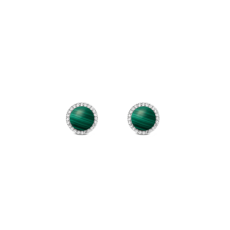 Pair of Audrey Earrings Malachite Silver featuring round green malachite centres framed by a halo of white cubic zirconia, set in polished silver with a minimalist stud design.