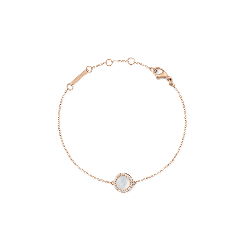 Rose gold bracelet with a slim adjustable chain, featuring a round mother of pearl charm framed by white cubic zirconia crystals and a secure lobster clasp.