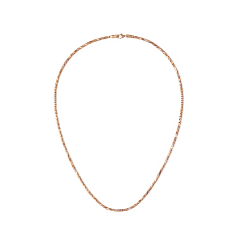Rose gold mesh chain necklace with a polished finish and lobster clasp, featuring a modern, minimalistic design and comfortable 500mm length.