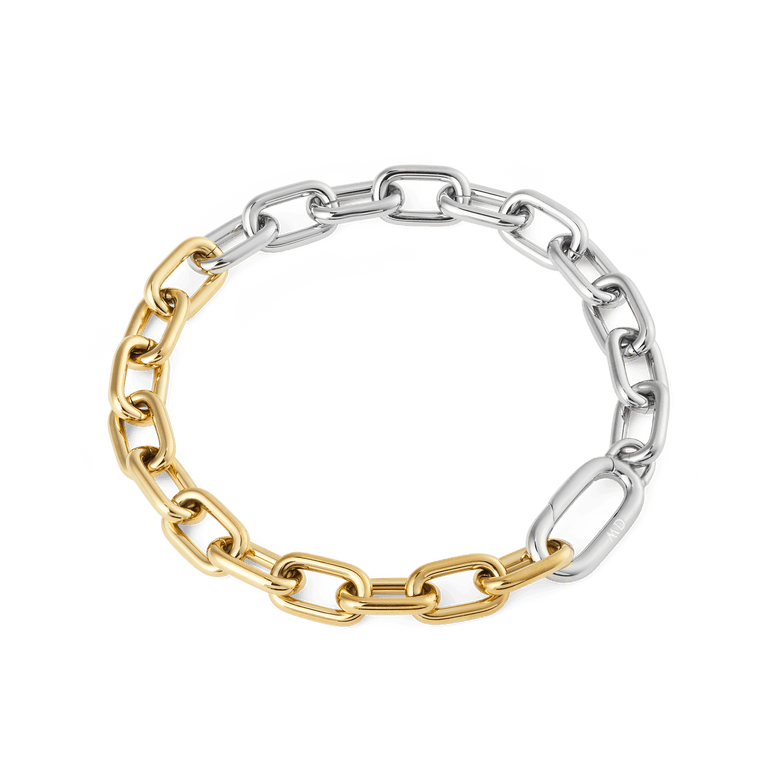 Contrast Link Bracelet Two Tone Gold with a half gold, half silver chain design, featuring polished rectangular links and a secure clasp for a modern, versatile look.