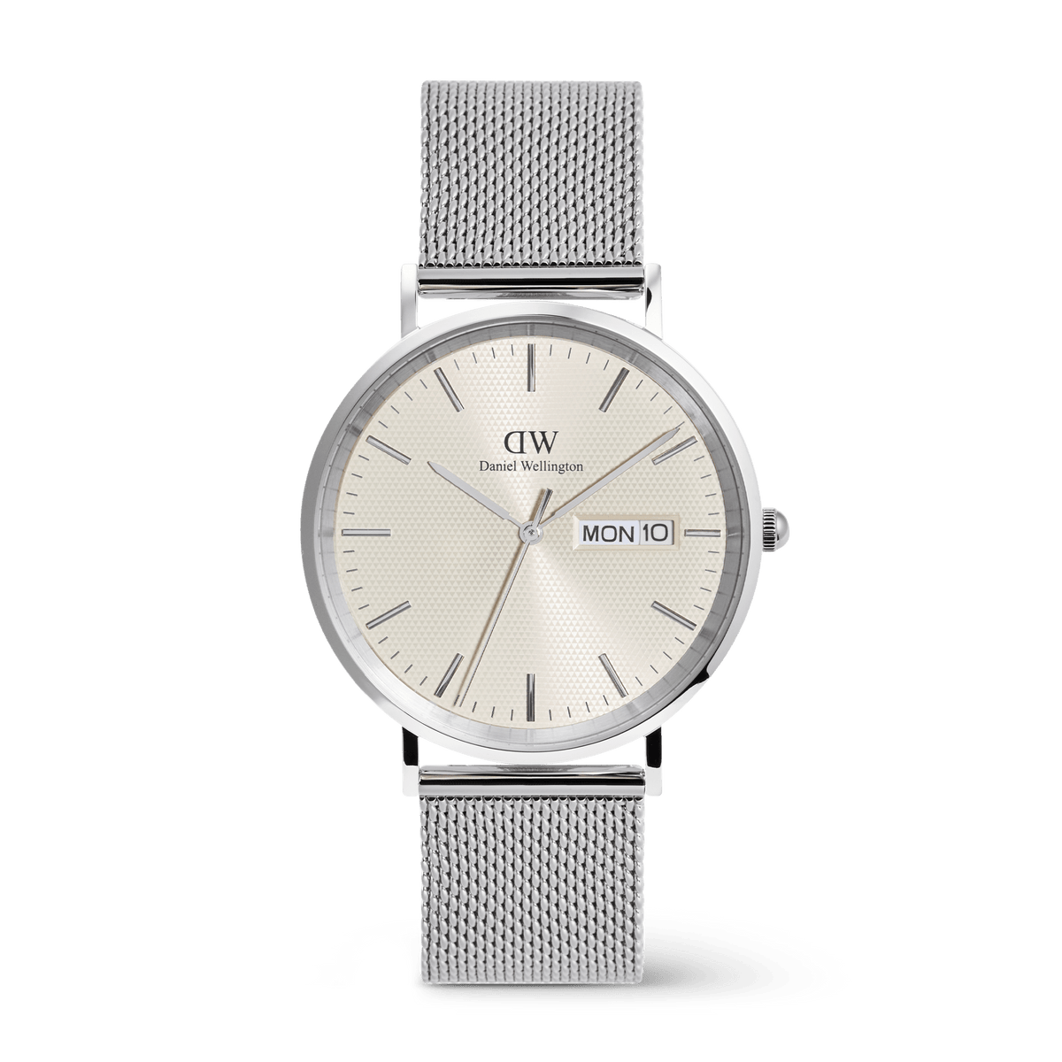 Classic Day Display Sterling Champagne men’s watch with a silver mesh strap, champagne dial featuring a subtle triangle pattern, and a clear day and date display.