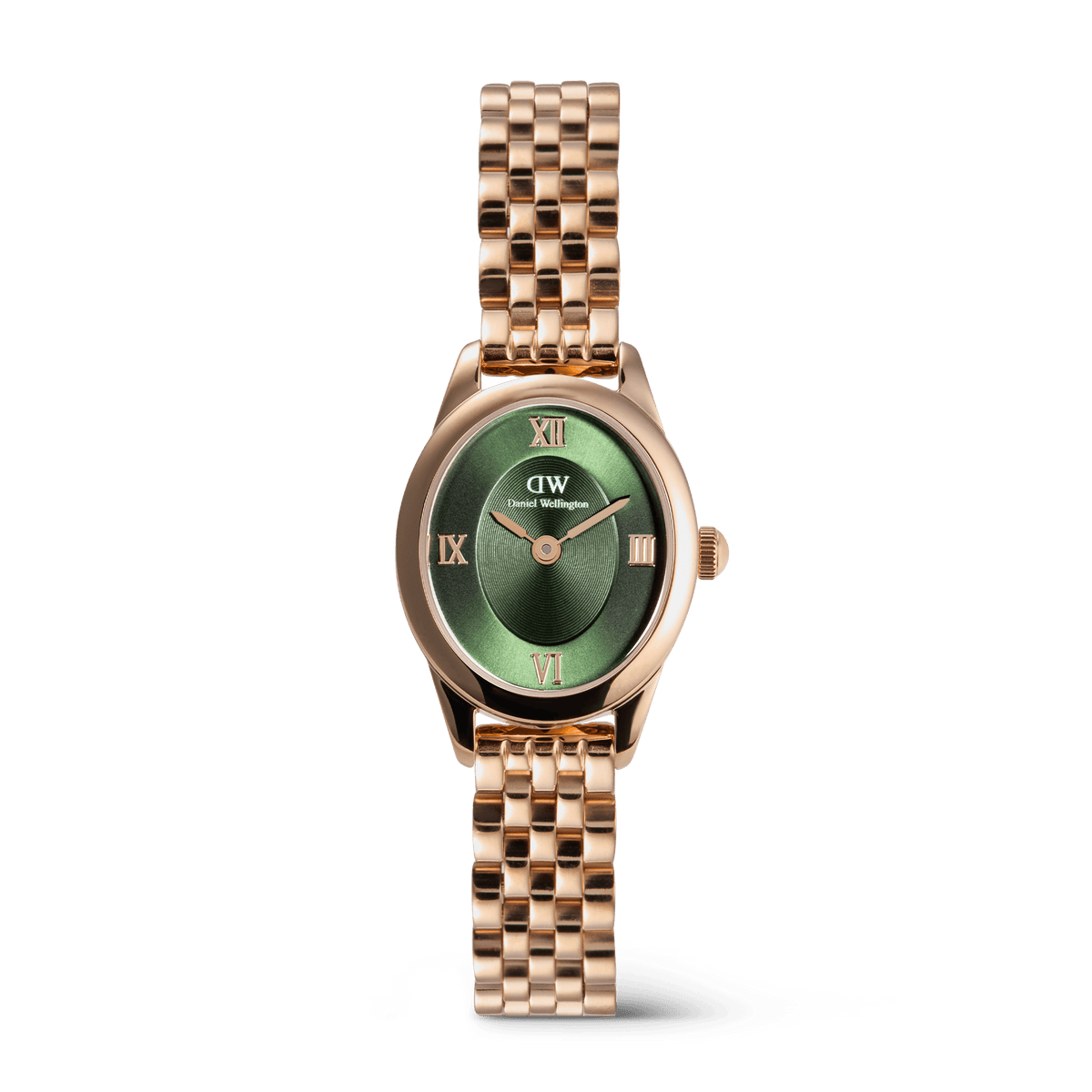 Rose gold ladies watch with an oval case, emerald green sunray dial featuring Roman numerals, and a beans link bracelet, designed for everyday elegance and versatility.
