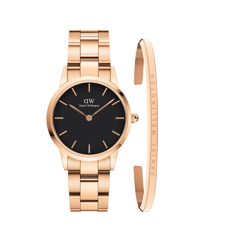 Daniel Wellington Iconic Link Black watch with a black dial and rose gold link strap, paired with a slim rose gold Classic Bracelet engraved with the Daniel Wellington logo, both featuring a minimalist and elegant design.