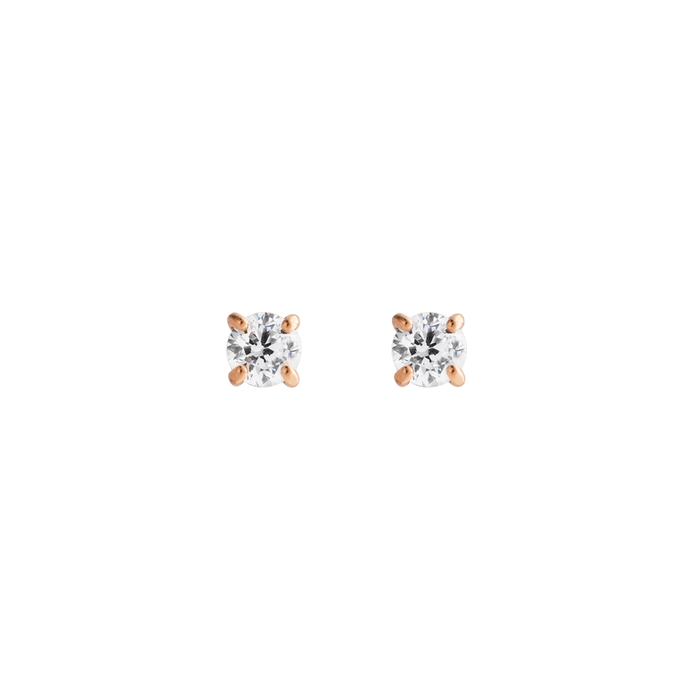 Pair of Mirelle Solitaire Stud Earrings in rose gold, each featuring a white cubic zirconia stone in a four-prong setting, with a minimalist and elegant design suitable for everyday wear.
