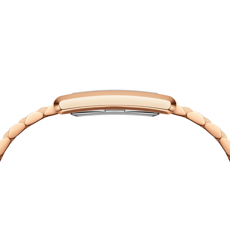 Side profile of the Bound 3-Link Rose Gold watch showing its slim rectangular case and polished rose gold bracelet, highlighting the comfortable fit and sleek design.