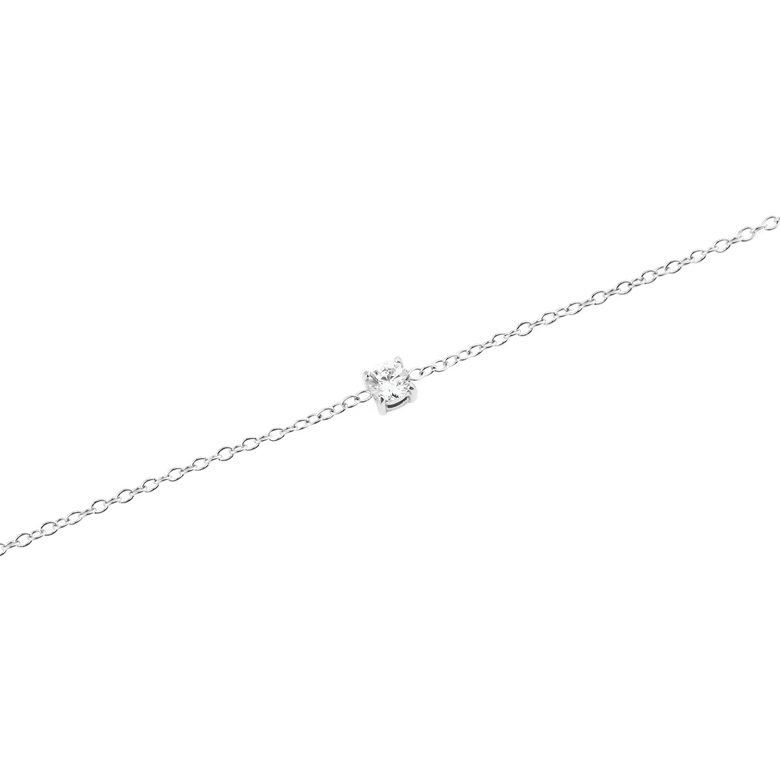 Close-up of the Mirelle Solitaire Bracelet Silver, showing the fine silver chain and a single cubic zirconia crystal set as the centrepiece for a minimalist and elegant finish.