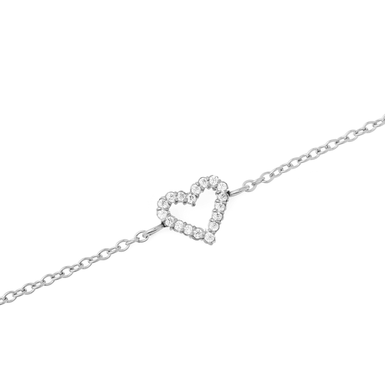 Close-up of the Mirelle Heart Bracelet Silver showing the open heart charm set with sparkling cubic zirconia stones on a delicate silver chain.