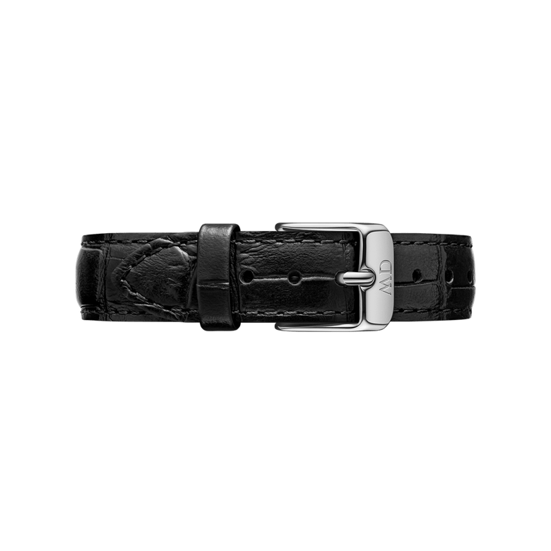 Narrow Reading Strap Silver in black genuine leather with a croc-embossed pattern and a polished silver buckle, designed for Daniel Wellington watches and suitable for smaller watch faces.