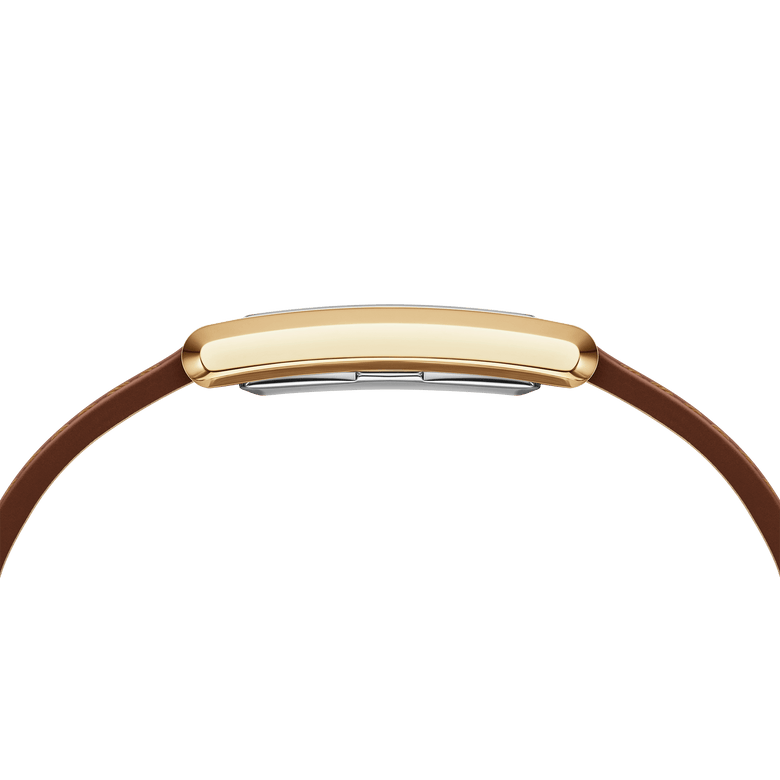 Side profile of the Bound Durham Gold watch showing its slim, curved rectangular gold case and smooth light brown leather strap, emphasising its comfortable and elegant design for daily wear.