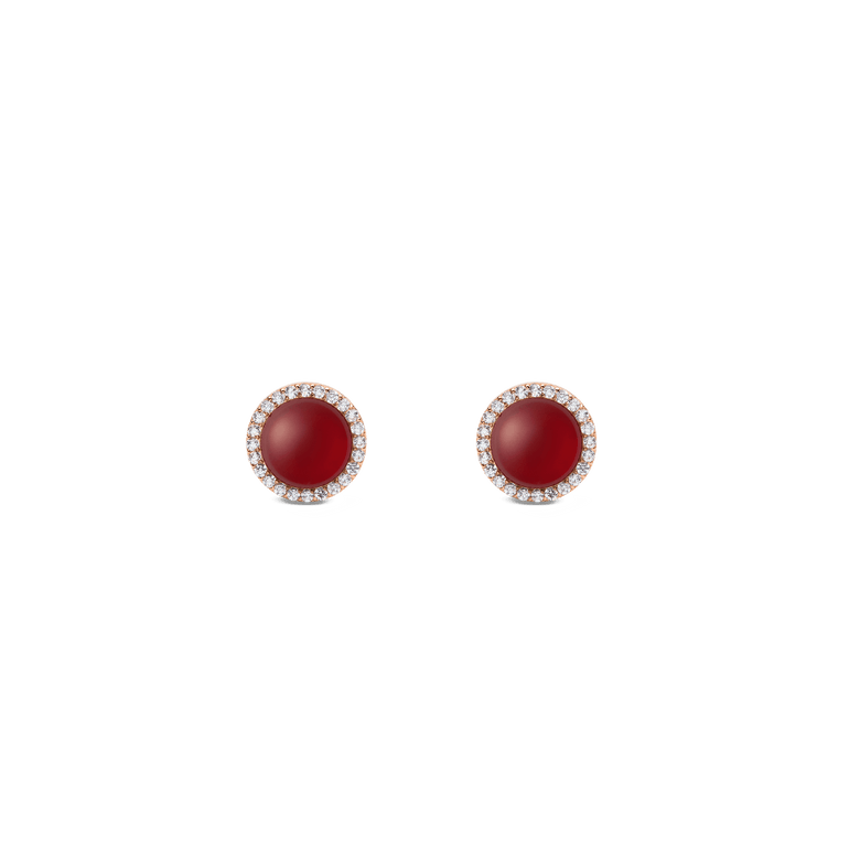Pair of Audrey Earrings Red Agathe Rose Gold featuring domed red agate centres surrounded by a halo of white cubic zirconia crystals, set in rose gold with a minimalist stud design.