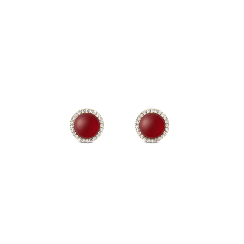 A pair of gold stud earrings featuring domed red agate stones, each surrounded by a halo of white crystals for a refined, elegant look.