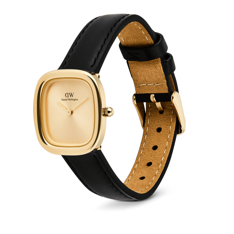 Margot Sheffield Unitone Sunray Gold ladies watch with a rectangular gold-tone case, minimalist gold dial, and adjustable black genuine leather strap with a polished gold buckle.