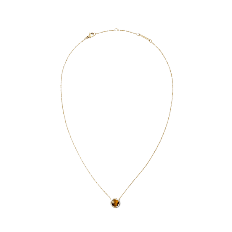 Gold necklace with a fine chain featuring a round tiger eye stone pendant framed by a halo of white cubic zirconia crystals, shown on a plain background.