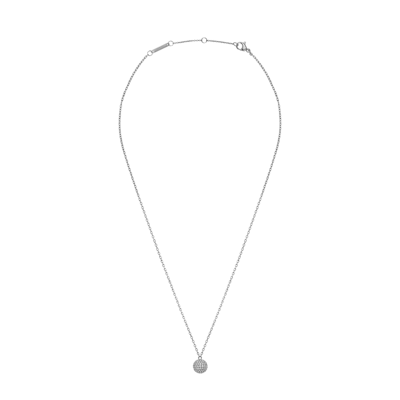 Pavé Crystal Pendant Necklace Silver with an adjustable chain and a spherical pavé pendant set with cubic zirconia crystals, shown laid flat to highlight its minimalist design and secure clasp.