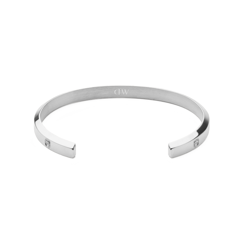 Classic Lumine Bracelet Silver 5.5mm with a sleek, open cuff design in polished stainless steel, featuring subtle cubic zirconia stones set along the band for a modern, elegant finish.