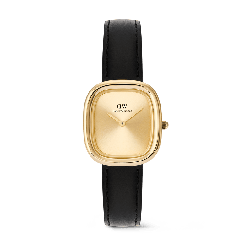 Margot Sheffield Unitone Sunray Gold ladies watch featuring a rectangular gold-tone case, minimalist gold dial without indices, and a classic black genuine leather strap.