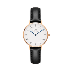 Petite Roman Numerals Sheffield Rose Gold ladies watch with a slim rose gold case, classic white dial featuring Roman numerals, blue steel hands, and a black genuine leather strap.