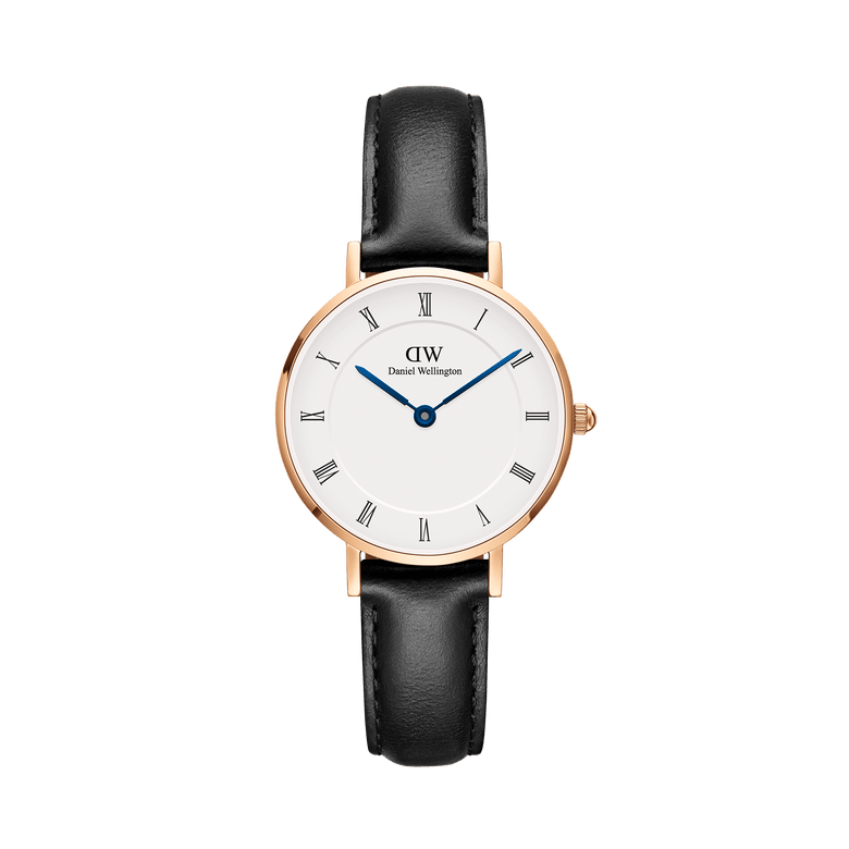 Petite Roman Numerals Sheffield Rose Gold ladies watch with a slim rose gold case, classic white dial featuring Roman numerals, blue steel hands, and a black genuine leather strap.