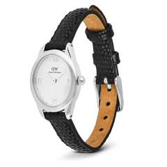 Ophelia Mini Black Lizard White Guilloché Silver watch with a polished silver oval case, white guilloché dial, Roman numerals, and an adjustable black lizard-embossed leather strap with pin buckle closure.
