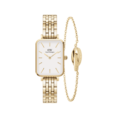 Rectangular gold watch with a white dial and polished 5-link bracelet, paired with a delicate gold chain bracelet featuring a signature ring charm, both crafted from stainless steel with a gold finish.