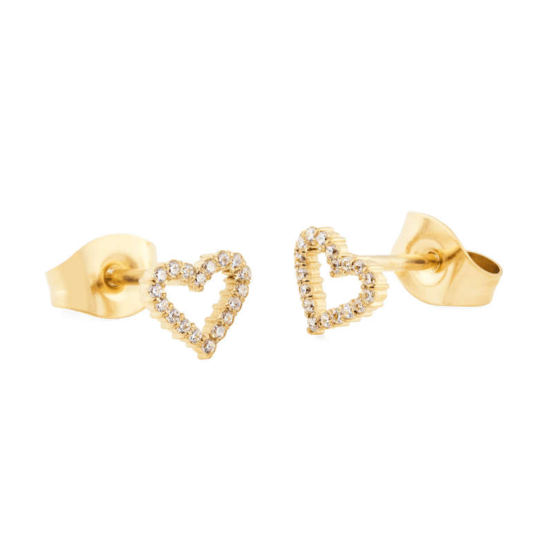 Mirelle Heart Earring Gold stud earrings with open heart shapes, each outlined with white cubic zirconia crystals and finished with polished gold butterfly backs.
