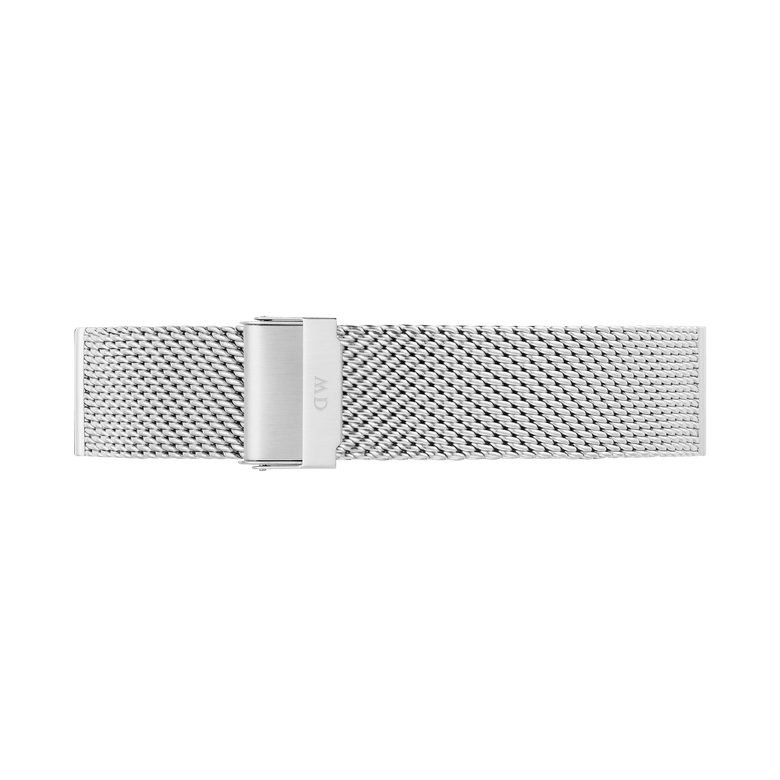Mesh Sterling Strap Silver in stainless steel with a fine mesh weave and adjustable fold-over clasp, designed for comfort and a modern look.