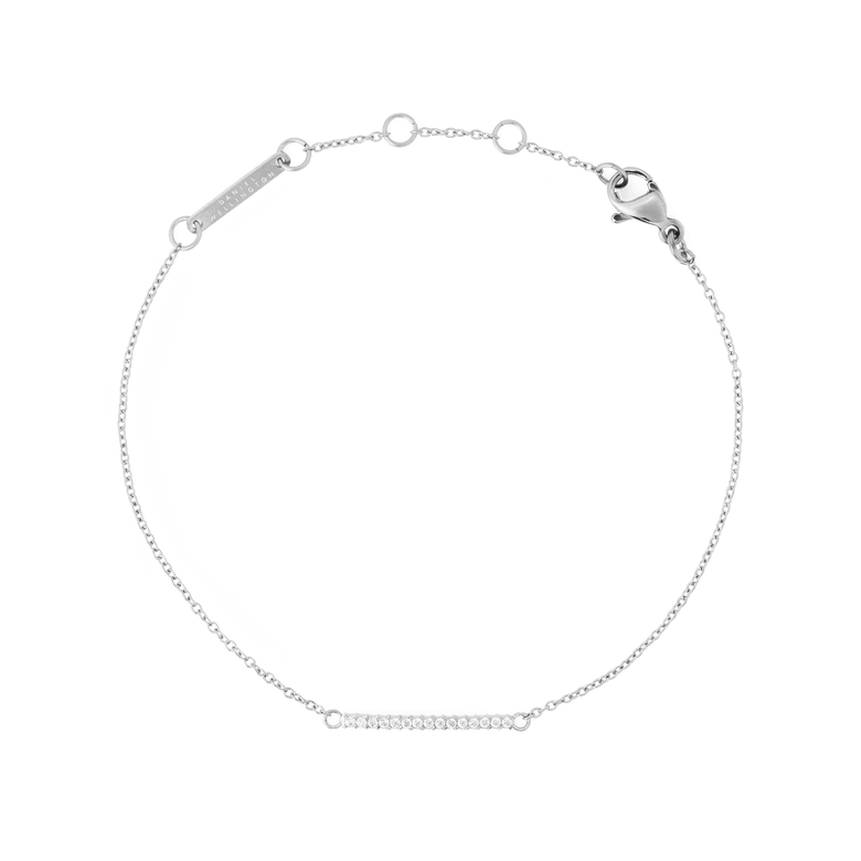 Delicate Mirelle Eternity Bracelet Silver featuring a slim bar of white cubic zirconia crystals on a fine adjustable silver chain, designed for layering or everyday wear.