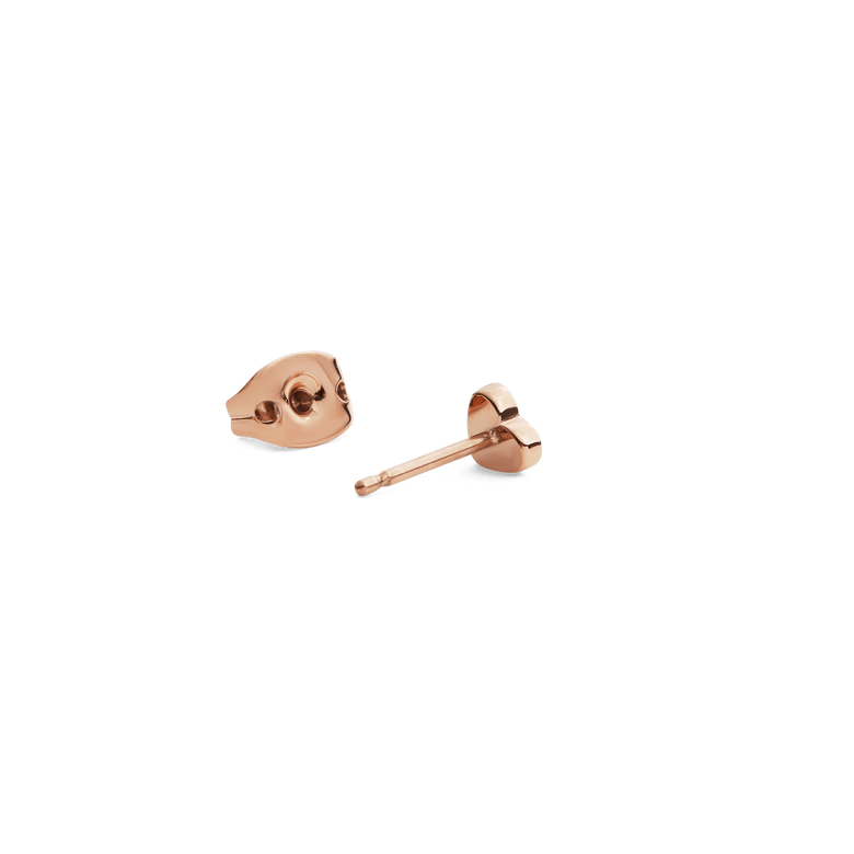 Rose gold Crystal Heart Stud earring shown from the side and back, highlighting its petite heart shape, polished finish and secure butterfly clasp.