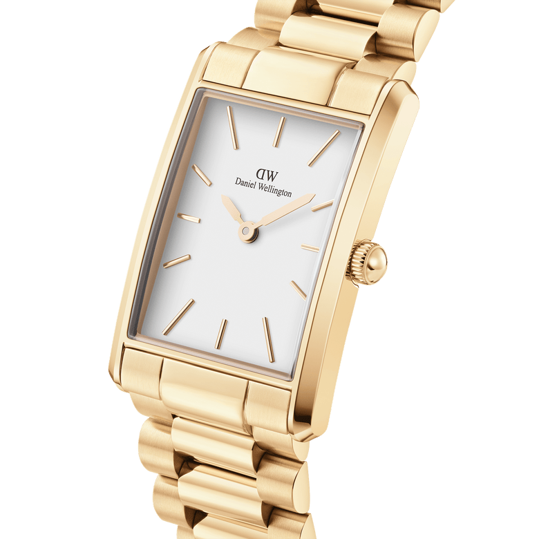Bound 3-Link Gold watch with a rectangular gold case, minimalist white dial, and polished 3-link gold bracelet, highlighting its refined and modern design.