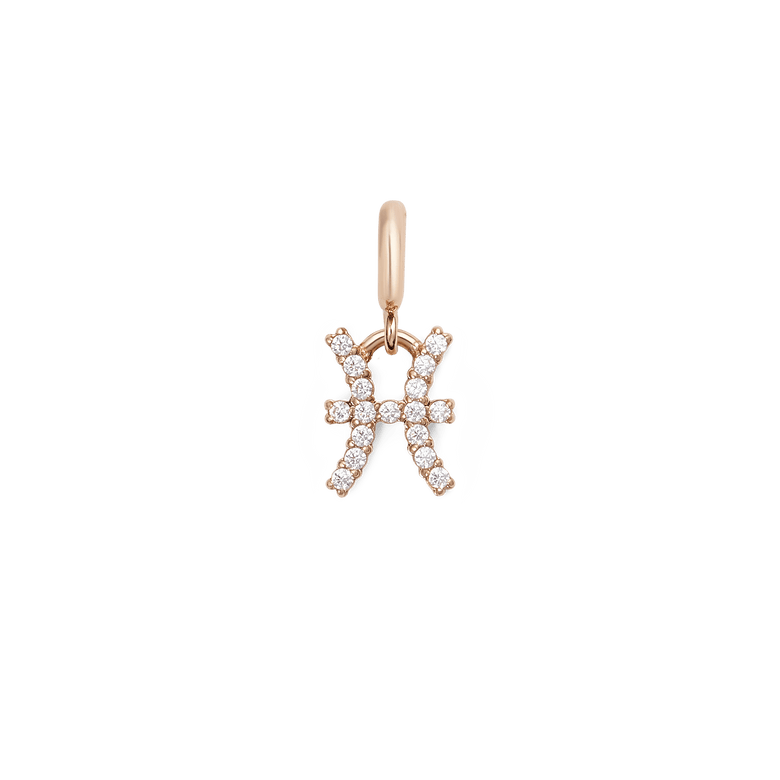 Zodiac Watch Charm Rose Gold featuring the Pisces zodiac symbol, crafted in rose gold and set with sparkling cubic zirconia crystals, designed for easy attachment to watches or bracelets.