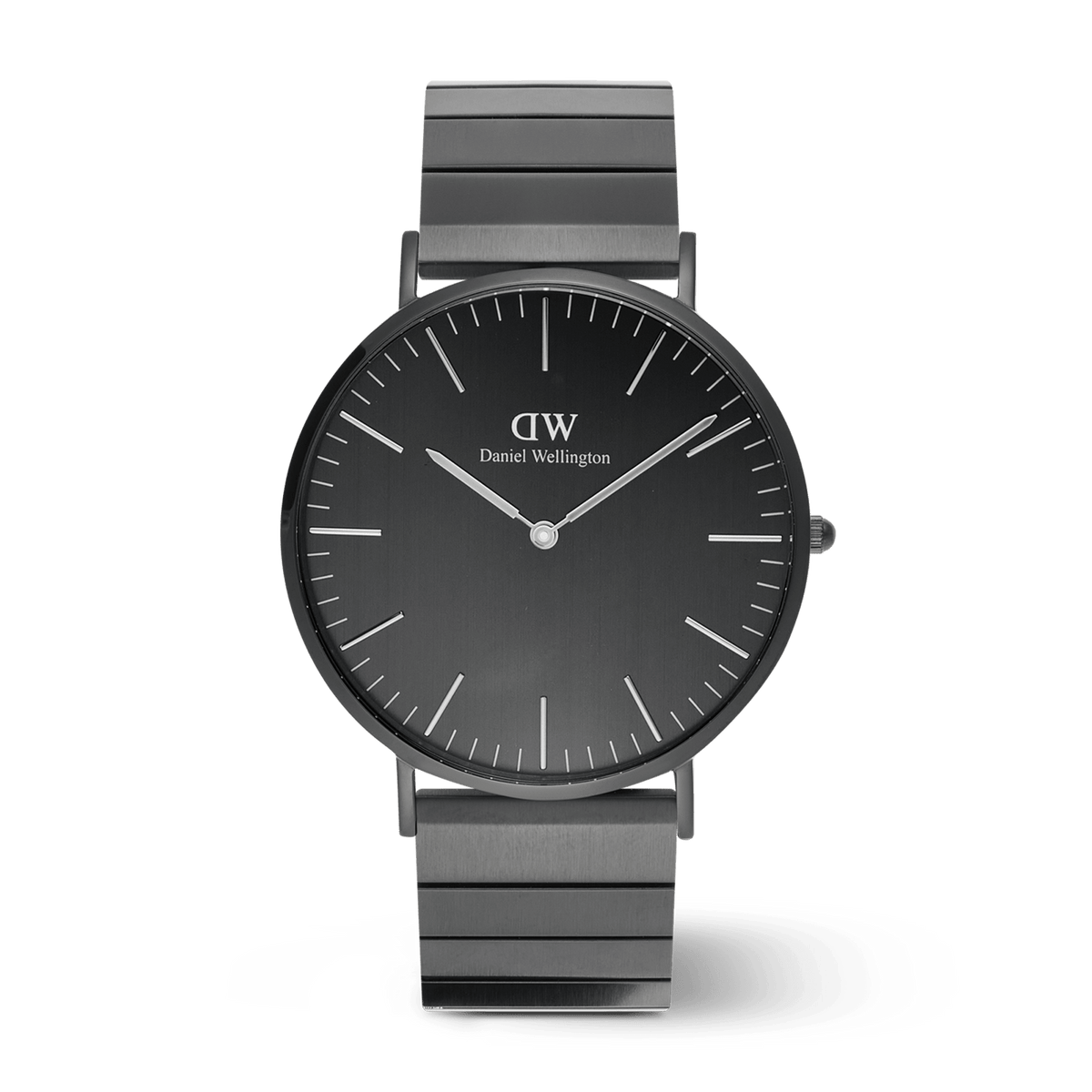 Classic Piano Link Onyx Unitone Black men’s watch with a 40mm brushed black dial, minimalist hour markers, and a matching geometric piano link stainless steel bracelet, offering a sleek all-black design suitable for both formal and casual wear.