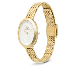 Juliette Braided Mesh White Sunray Gold ladies watch with a slim oval gold case, white sunray dial, and adjustable vintage-inspired braided mesh gold strap, shown in a side profile to highlight its elegant design and secure clasp.