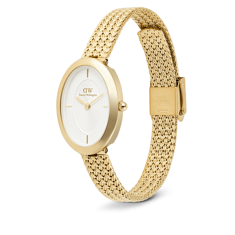 Juliette Braided Mesh White Sunray Gold ladies watch with a slim oval gold case, white sunray dial, and adjustable vintage-inspired braided mesh gold strap, shown in a side profile to highlight its elegant design and secure clasp.