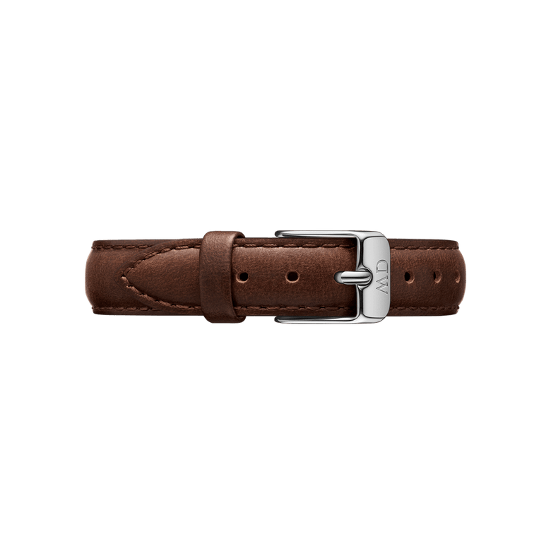Classic Bristol Strap Silver in brown leather with detailed stitching and a sleek silver buckle, shown in a flat position to highlight its refined finish and adjustable fit.