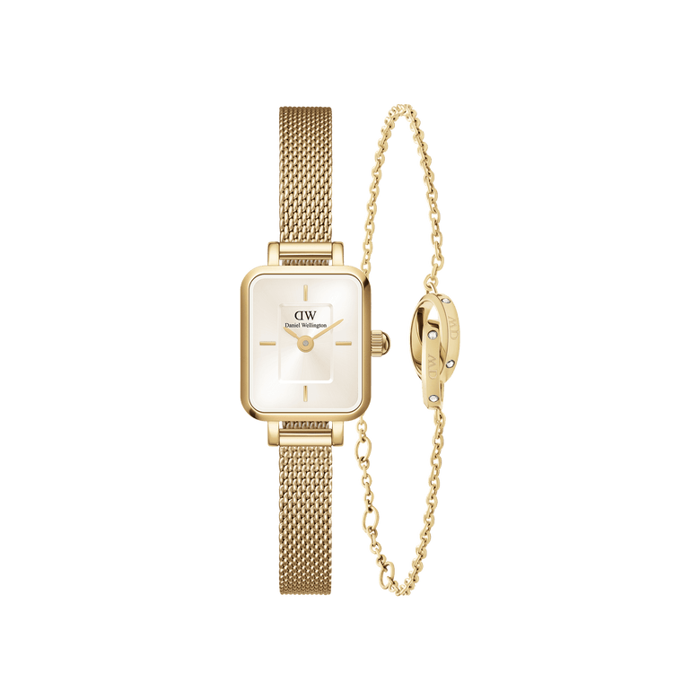Quadro Mini Champagne gold watch with a rectangular champagne dial and slim mesh strap, paired with the Lumine Unity Bracelet Gold featuring a fine chain and unity ring detail with subtle crystal accents.